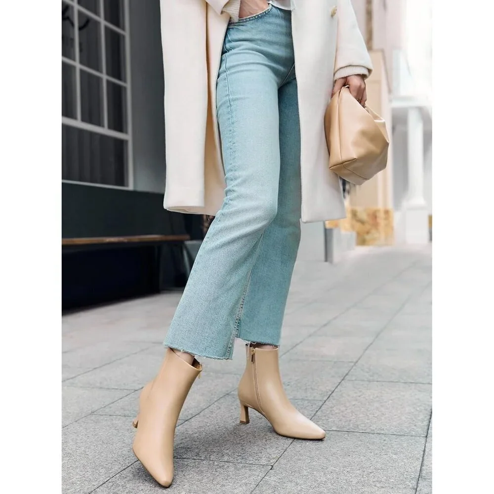 Women's Khaki Ankle Kitten Low Heel Pointed Toe Zipper Winter Dress Boots